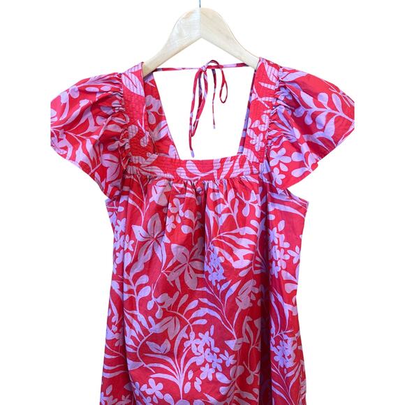 Voyageur By Mersea Capri Pink Floral Square Neck Flutter Sleeve Dress Small - Picture 3 of 9